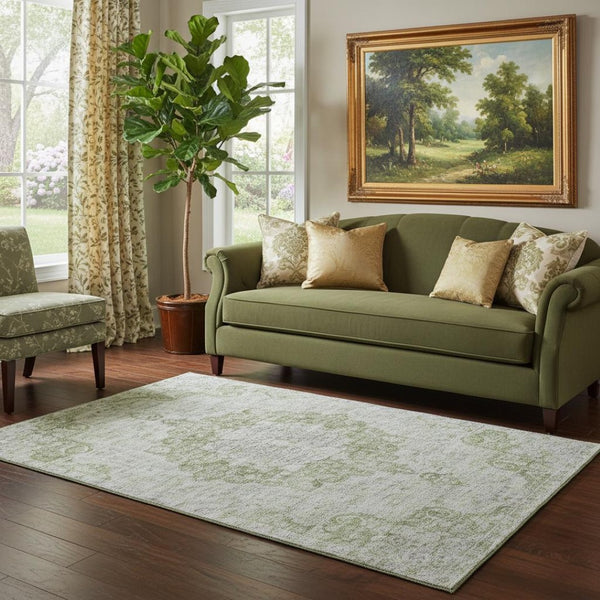 HomeRoots 5' X 8' Olive Green & Silver Oriental Area Rug - Washable, UV Protected, Stylish & Durable Design! 692300