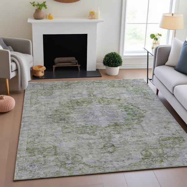 HomeRoots 5' X 8' Olive Green & Silver Oriental Area Rug - Washable, UV Protected, Stylish & Durable Design! 692300