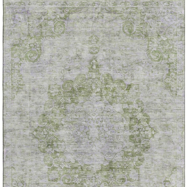 HomeRoots 5' X 8' Olive Green & Silver Oriental Area Rug - Washable, UV Protected, Stylish & Durable Design! 692300