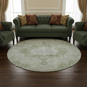 HomeRoots 8' Olive Green and Silver Oriental Round Rug – Washable, UV Protected, Stain Resistant, Durable Design 692301
