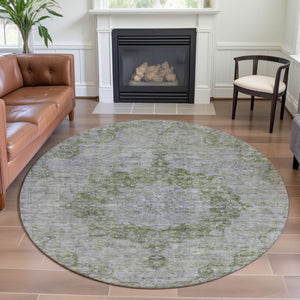 HomeRoots 8' Olive Green and Silver Oriental Round Rug – Washable, UV Protected, Stain Resistant, Durable Design 692301