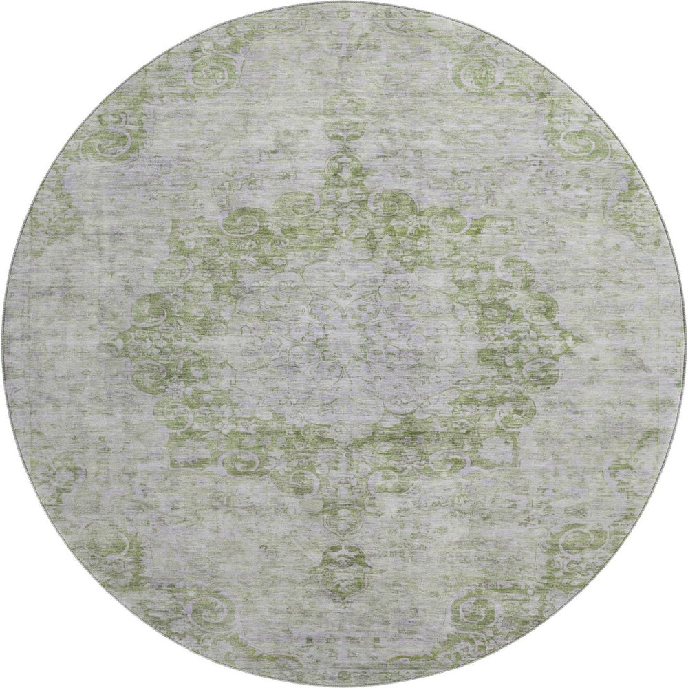 HomeRoots 8' Olive Green and Silver Oriental Round Rug – Washable, UV Protected, Stain Resistant, Durable Design 692301