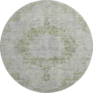HomeRoots 8' Olive Green and Silver Oriental Round Rug – Washable, UV Protected, Stain Resistant, Durable Design 692301