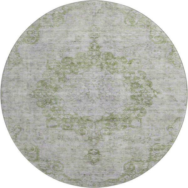 HomeRoots 8' Olive Green and Silver Oriental Round Rug – Washable, UV Protected, Stain Resistant, Durable Design 692301