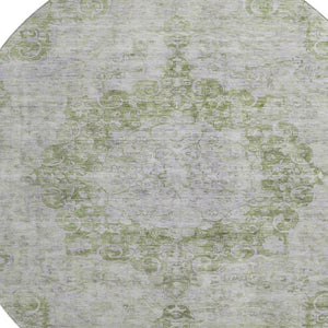 HomeRoots 8' Olive Green and Silver Oriental Round Rug – Washable, UV Protected, Stain Resistant, Durable Design 692301