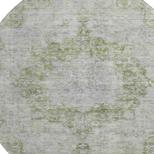 HomeRoots 8' Olive Green and Silver Oriental Round Rug – Washable, UV Protected, Stain Resistant, Durable Design 692301