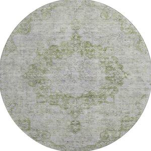 HomeRoots 8' Olive Green and Silver Oriental Round Rug – Washable, UV Protected, Stain Resistant, Durable Design 692301