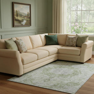 HomeRoots 8' Olive Green and Silver Oriental Area Rug - Washable, UV Protected, Durable for Homes with Kids & Pets 692302