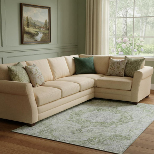 HomeRoots 8' Olive Green and Silver Oriental Area Rug - Washable, UV Protected, Durable for Homes with Kids & Pets 692302