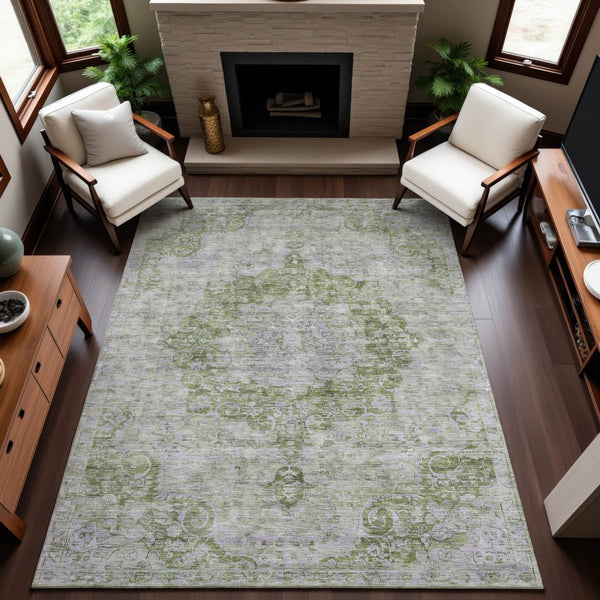 HomeRoots 8' Olive Green and Silver Oriental Area Rug - Washable, UV Protected, Durable for Homes with Kids & Pets 692302