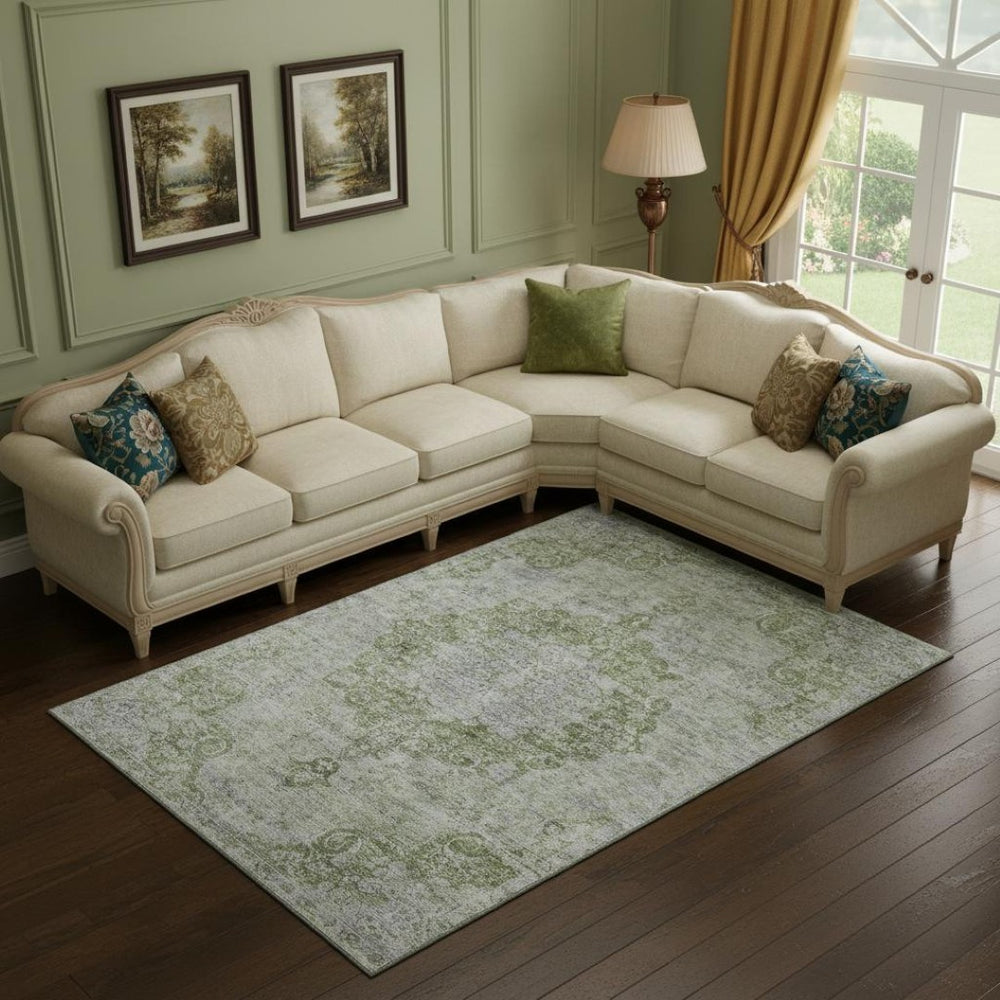 HomeRoots 9' X 12' Olive Green & Silver Oriental Area Rug - Washable, UV Protected, Durable for Busy Homes 692303