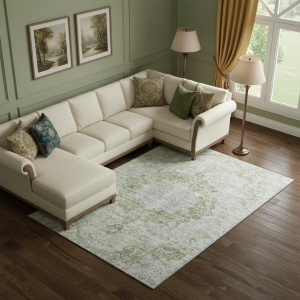 HomeRoots 10' Olive Green & Silver Oriental Washable Area Rug – UV Protected, Stain Resistant & Stylish! 692304