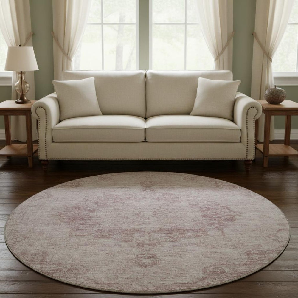 HomeRoots 8' X 8' Pink and Ivory Oriental Washable Round Rug – Elegant, Stain-Resistant, UV-Protected Design! 692307
