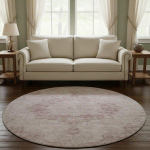 HomeRoots 8' X 8' Pink and Ivory Oriental Washable Round Rug – Elegant, Stain-Resistant, UV-Protected Design! 692307