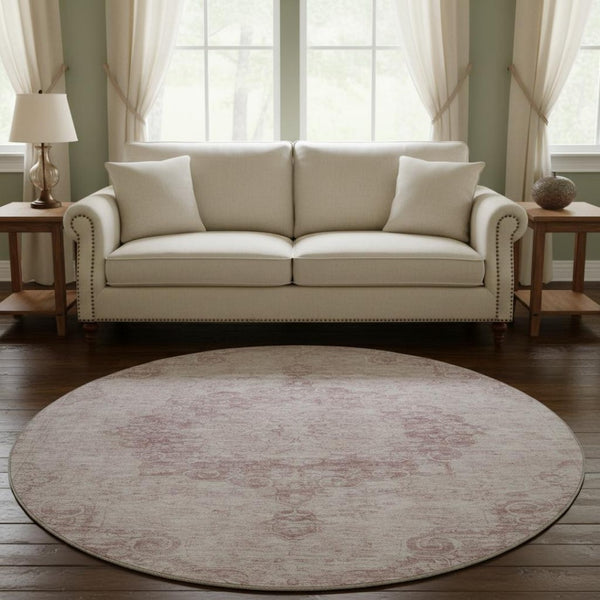 HomeRoots 8' X 8' Pink and Ivory Oriental Washable Round Rug – Elegant, Stain-Resistant, UV-Protected Design! 692307