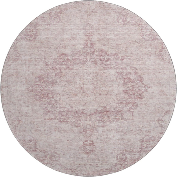 HomeRoots 8' X 8' Pink and Ivory Oriental Washable Round Rug – Elegant, Stain-Resistant, UV-Protected Design! 692307
