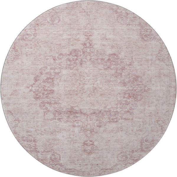 HomeRoots 8' X 8' Pink and Ivory Oriental Washable Round Rug – Elegant, Stain-Resistant, UV-Protected Design! 692307