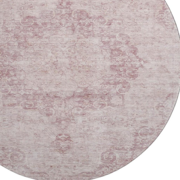 HomeRoots 8' X 8' Pink and Ivory Oriental Washable Round Rug – Elegant, Stain-Resistant, UV-Protected Design! 692307