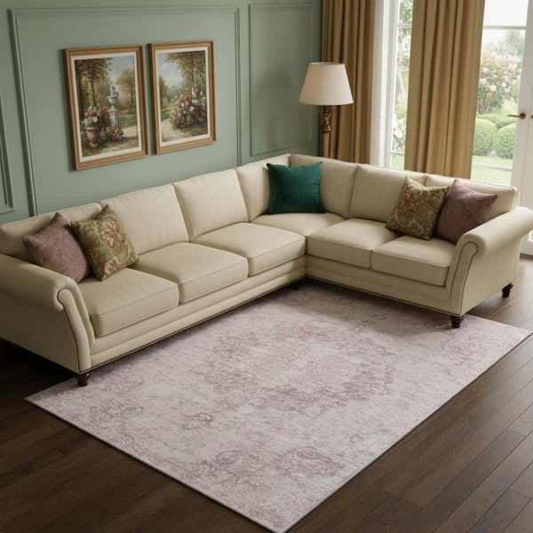 HomeRoots 10' X 14' Pink And Ivory Oriental Area Rug - Washable, UV-Protected, Stain-Resistant & Durable Design 692310