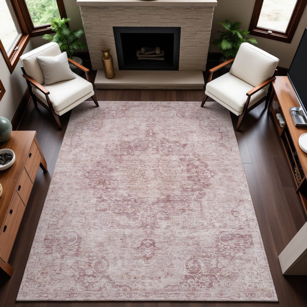 HomeRoots 10' X 14' Pink And Ivory Oriental Area Rug - Washable, UV-Protected, Stain-Resistant & Durable Design 692310