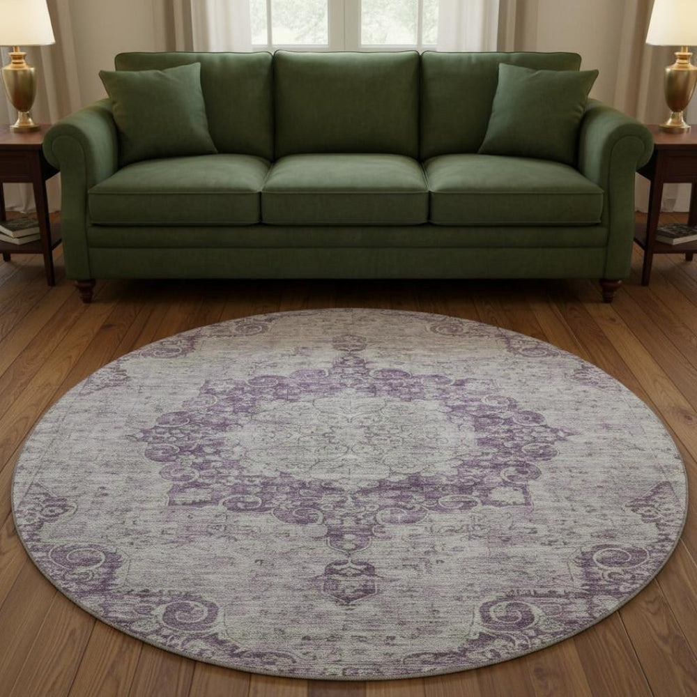 HomeRoots 8' X 8' Stylish Purple and Silver Washable Oriental Round Rug - UV Protected & Easy Care Design 692313