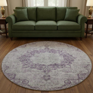 HomeRoots 8' X 8' Stylish Purple and Silver Washable Oriental Round Rug - UV Protected & Easy Care Design 692313