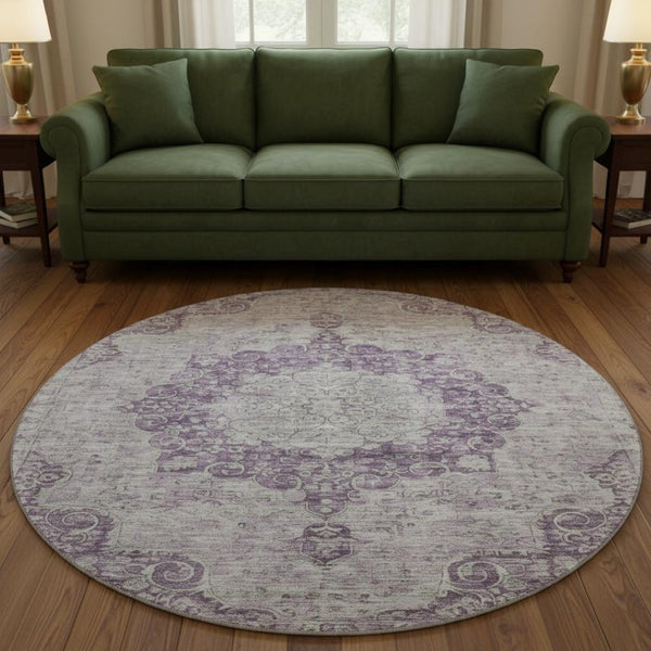 HomeRoots 8' X 8' Stylish Purple and Silver Washable Oriental Round Rug - UV Protected & Easy Care Design 692313
