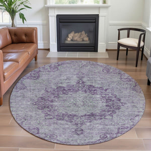 HomeRoots 8' X 8' Stylish Purple and Silver Washable Oriental Round Rug - UV Protected & Easy Care Design 692313