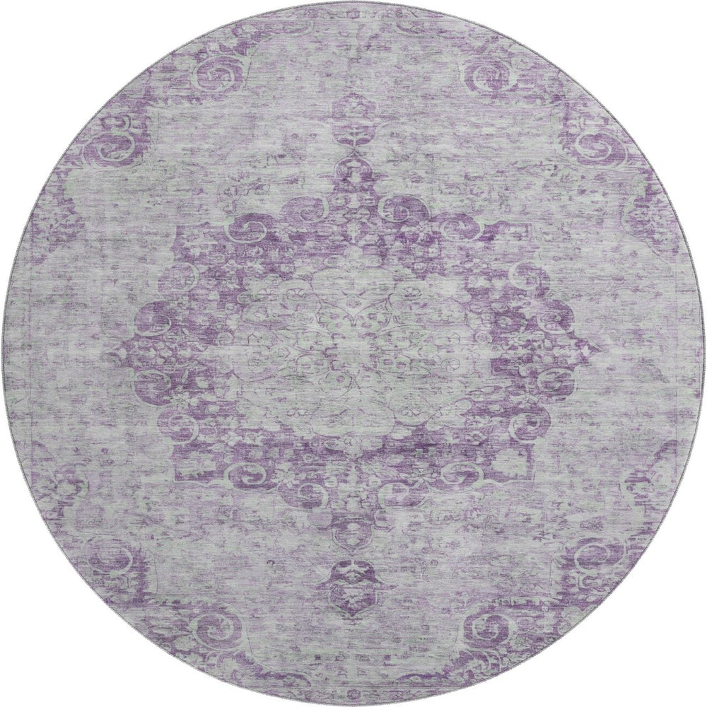 HomeRoots 8' X 8' Stylish Purple and Silver Washable Oriental Round Rug - UV Protected & Easy Care Design 692313