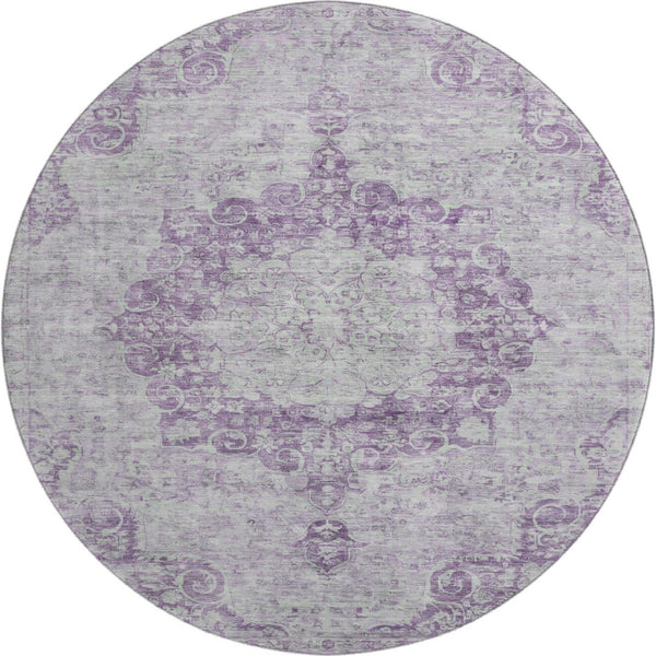 HomeRoots 8' X 8' Stylish Purple and Silver Washable Oriental Round Rug - UV Protected & Easy Care Design 692313