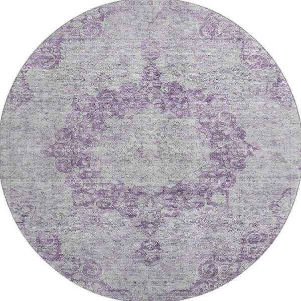 HomeRoots 8' X 8' Stylish Purple and Silver Washable Oriental Round Rug - UV Protected & Easy Care Design 692313