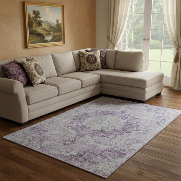 HomeRoots 8' Purple and Silver Oriental Area Rug - Washable, UV Protected, Stain Resistant for Busy Homes 692314