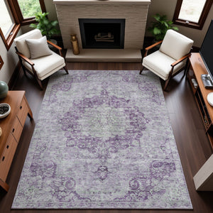 HomeRoots 8' Purple and Silver Oriental Area Rug - Washable, UV Protected, Stain Resistant for Busy Homes 692314