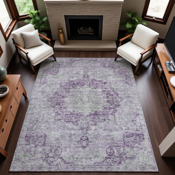 HomeRoots 8' Purple and Silver Oriental Area Rug - Washable, UV Protected, Stain Resistant for Busy Homes 692314