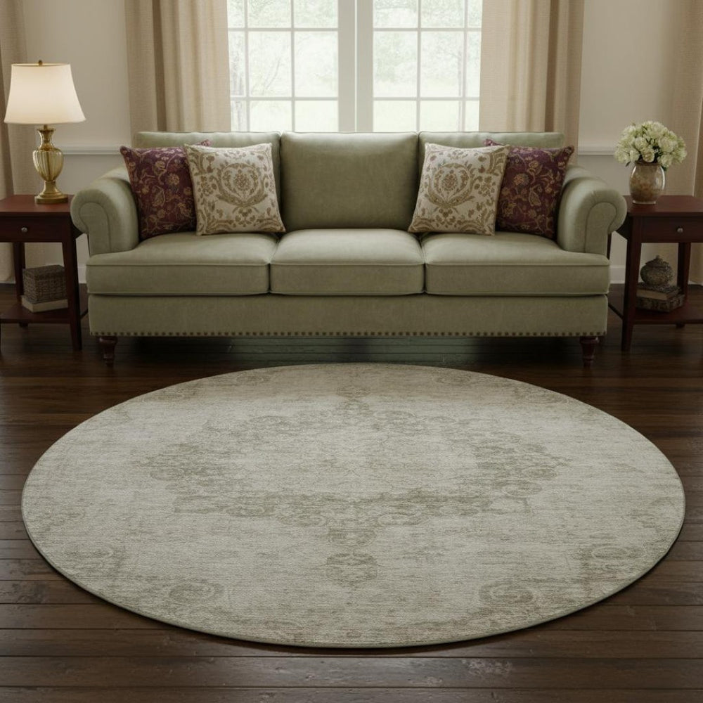 HomeRoots 8' X 8' Beige & Taupe Oriental Washable Round Rug - Stylish, Durable, UV Protected for Busy Homes 692319