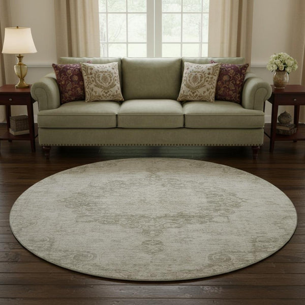 HomeRoots 8' X 8' Beige & Taupe Oriental Washable Round Rug - Stylish, Durable, UV Protected for Busy Homes 692319