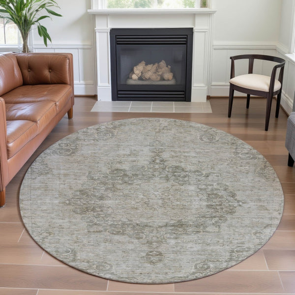 HomeRoots 8' X 8' Beige & Taupe Oriental Washable Round Rug - Stylish, Durable, UV Protected for Busy Homes 692319