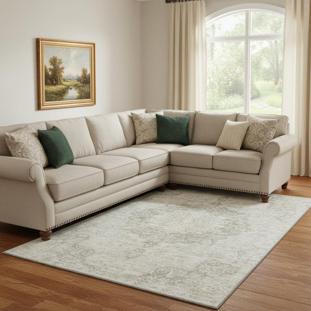 HomeRoots 8' Beige and Taupe Oriental Area Rug – Washable, UV Protected, Stain Resistant, Ideal for Families 692320