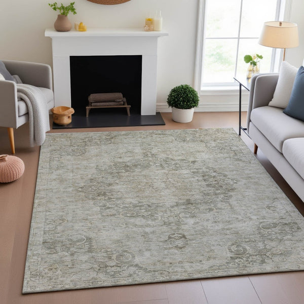 HomeRoots 9' X 12' Beige & Taupe Oriental Washable Area Rug - Stain Resistant, UV Protected, Kid & Pet Friendly 692321