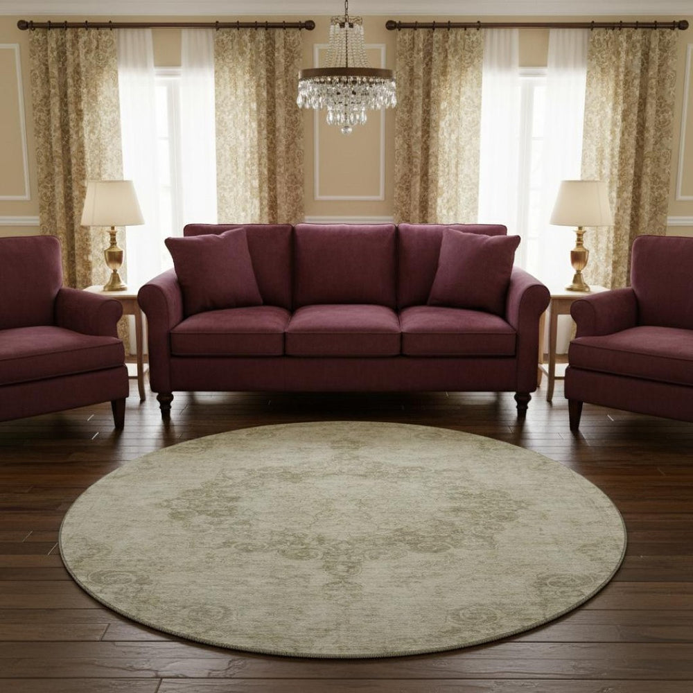 HomeRoots 8' X 8' Sage Ivory and Gray Oriental Round Rug – Stylish, Washable, UV-Protected, Durable for Homes 692325