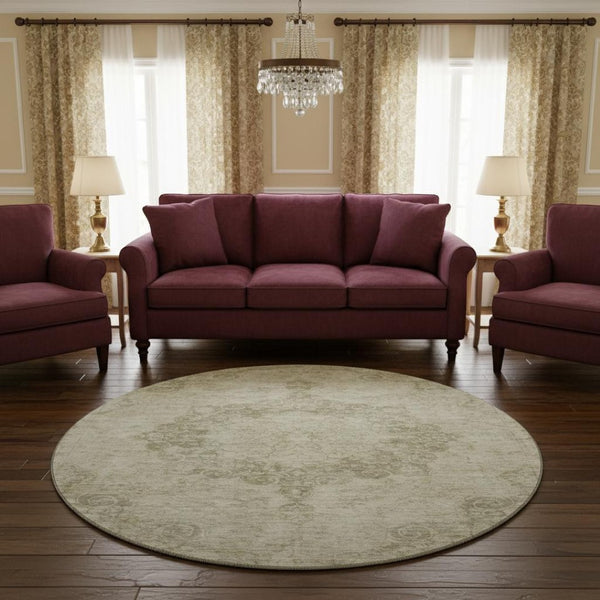 HomeRoots 8' X 8' Sage Ivory and Gray Oriental Round Rug – Stylish, Washable, UV-Protected, Durable for Homes 692325