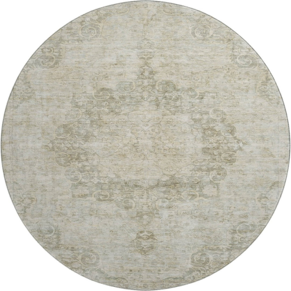 HomeRoots 8' X 8' Sage Ivory and Gray Oriental Round Rug – Stylish, Washable, UV-Protected, Durable for Homes 692325