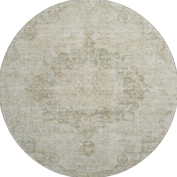 HomeRoots 8' X 8' Sage Ivory and Gray Oriental Round Rug – Stylish, Washable, UV-Protected, Durable for Homes 692325