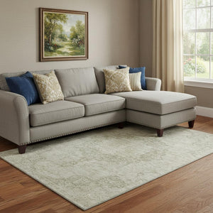 HomeRoots 8' Sage Ivory and Gray Oriental Area Rug - Washable, UV Protected, and Stain Resistant for Busy Homes 692326
