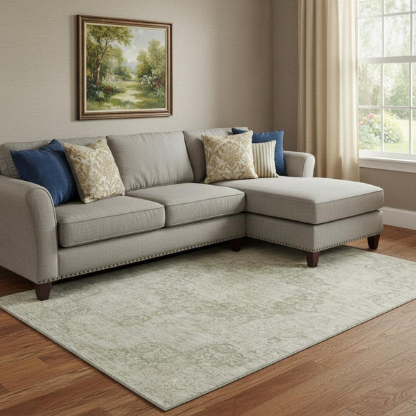 HomeRoots 8' Sage Ivory and Gray Oriental Area Rug - Washable, UV Protected, and Stain Resistant for Busy Homes 692326