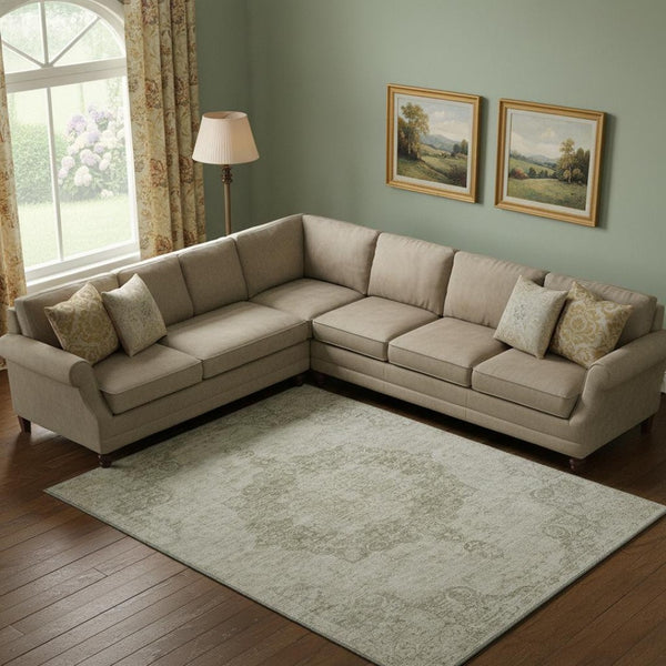 HomeRoots 9' X 12' Elegant Sage Ivory Gray Oriental Washable Area Rug with UV Protection & Stain Resistance 692327