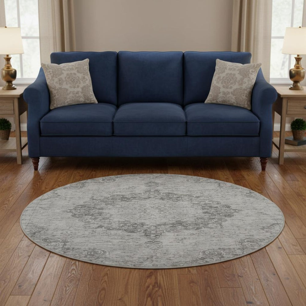 HomeRoots 8' X 8' Elegant Silver and Gray Round Oriental Rug – Washable, UV Protected, Durable for High-Traffic Areas 692331
