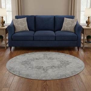 HomeRoots 8' X 8' Elegant Silver and Gray Round Oriental Rug – Washable, UV Protected, Durable for High-Traffic Areas 692331