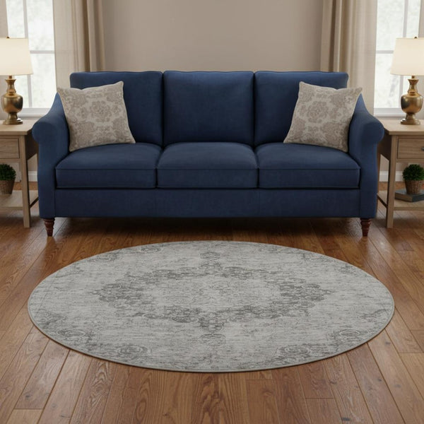 HomeRoots 8' X 8' Elegant Silver and Gray Round Oriental Rug – Washable, UV Protected, Durable for High-Traffic Areas 692331
