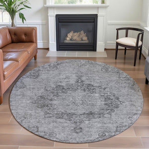 HomeRoots 8' X 8' Elegant Silver and Gray Round Oriental Rug – Washable, UV Protected, Durable for High-Traffic Areas 692331